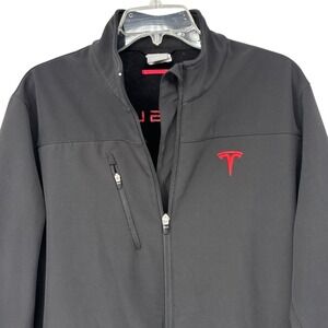 Tesla Corporate Softshell Jacket Mens M Black Fleece Lined Full Zip Red Logo